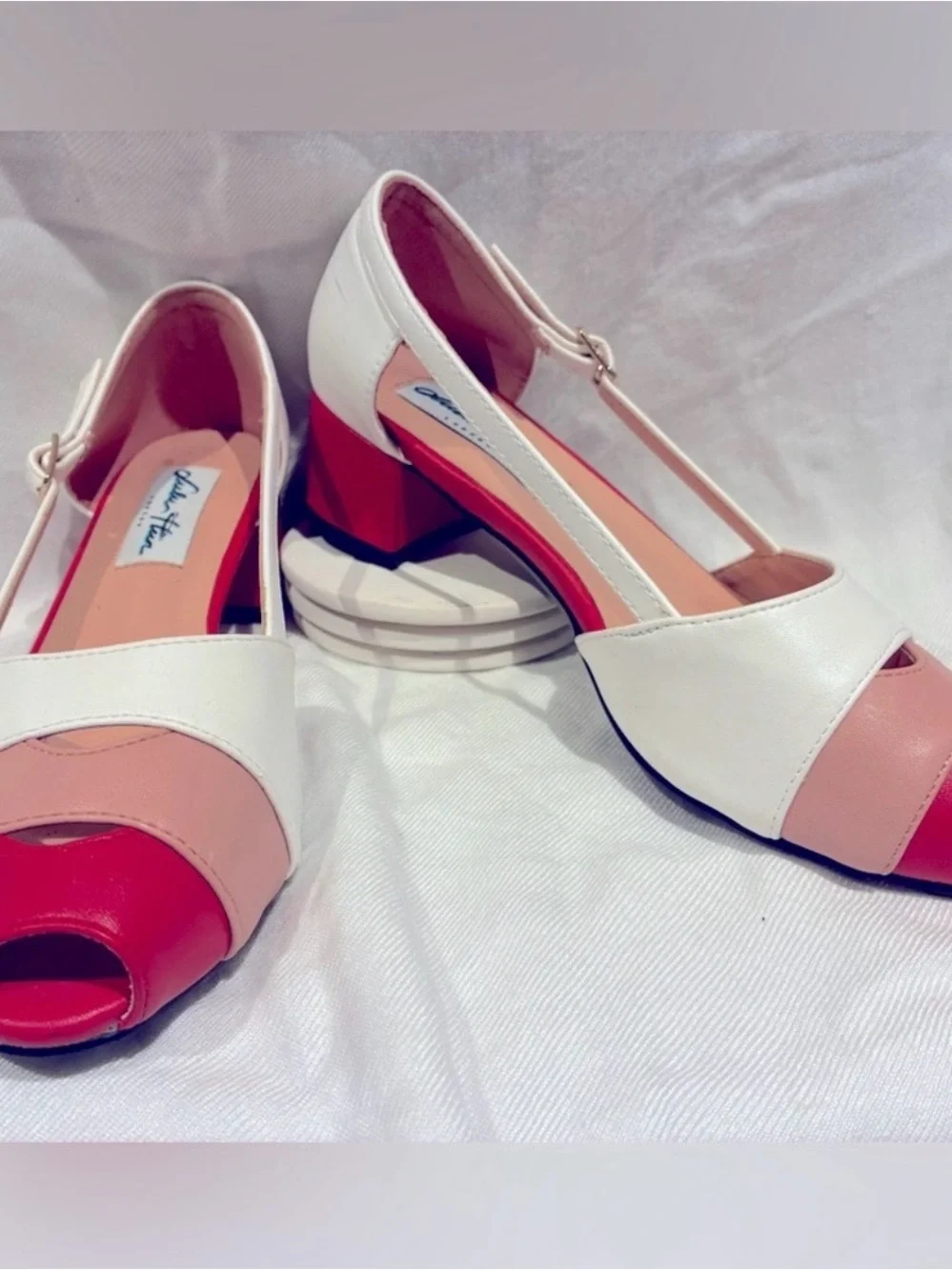 Lulu Hun Red, White, Pink Peep Toe Block Heels, Vintage Style, US sz 5/UK sz 3